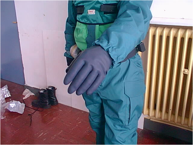 22) Covered with the outside cuffs on outer gloves.